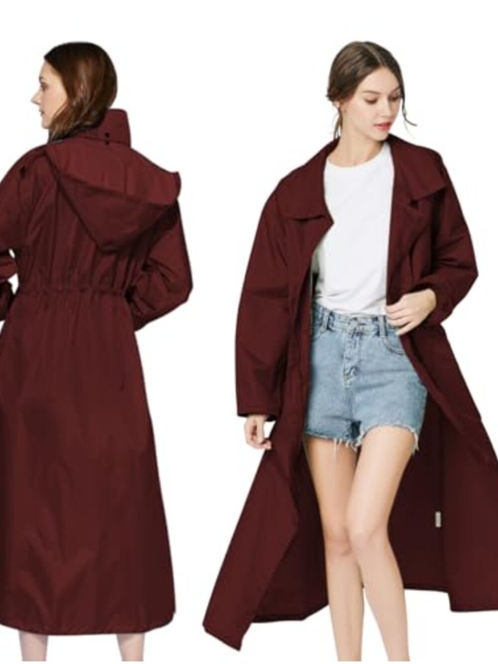 Waterproof Packable Long Raincoat Hooded Windbreaker Adjustable Waist Trench